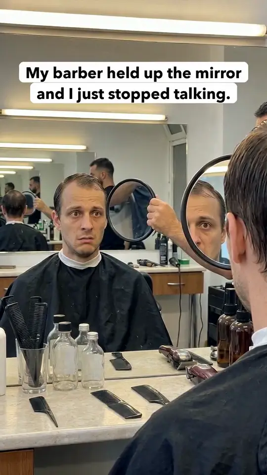 Opening frame of The Barber's Mirror, a Keeps ad